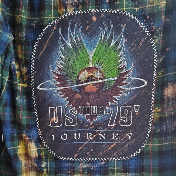 Upcycled Distressed Flannel Shirt With The JOUNEY Band Handcrafted Tee On Back - Picture 3 of 5